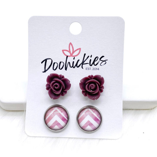 12mm Burgundy Blooming Roses & Blush Chevron in Stainless Steel Settings -Earrings by Doohickies Wholesale