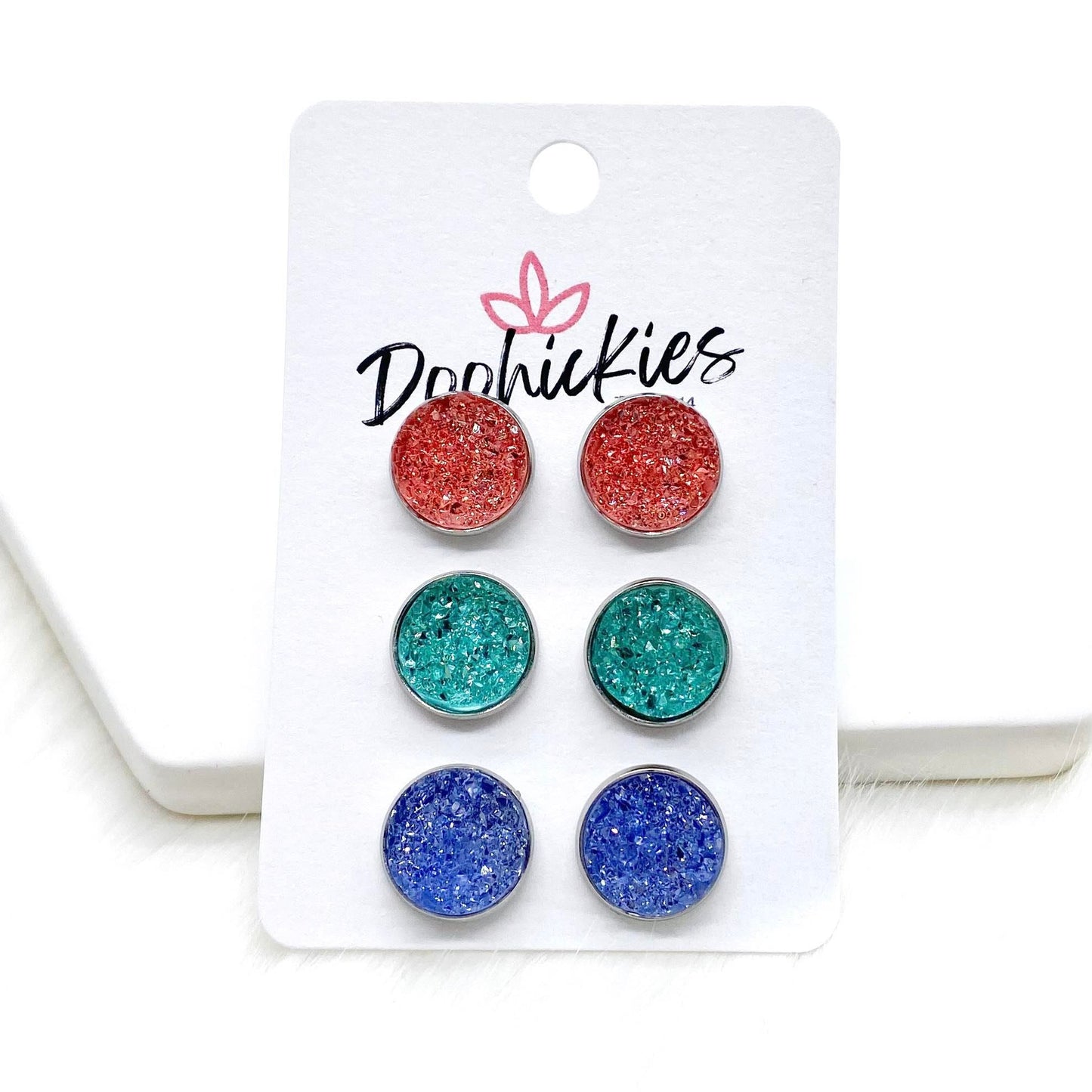 12mm Flamingo/Mint/Orchid Sparkles in Stainless Steel Settings -Earrings by Doohickies Wholesale