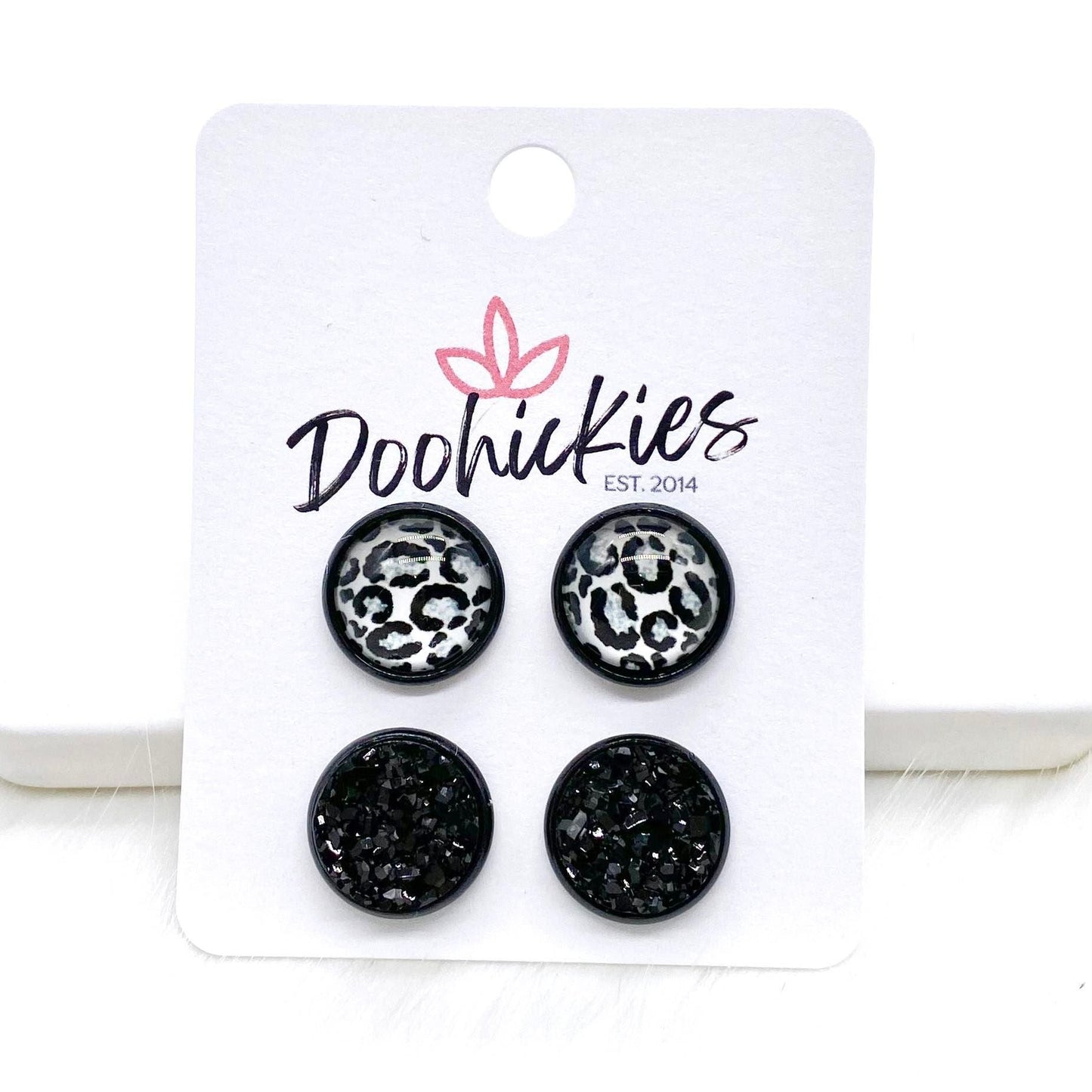 12mm Metallic Leopard Duos in Black Settings -Earrings by Doohickies Wholesale