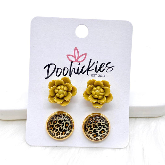 12mm Mustard Flowers & Golden Leopard in Gold Settings -Fall Earrings by Doohickies Wholesale