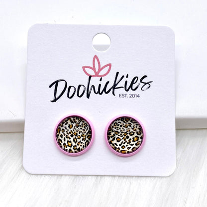 12mm Leopard Singles in Bright Pink Settings -Earrings by Doohickies Wholesale