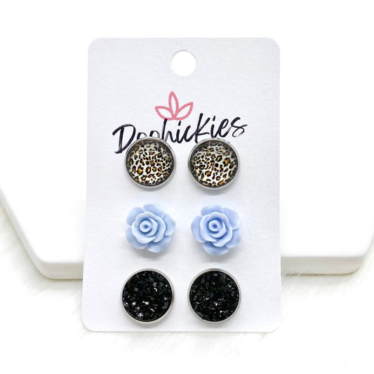 12mm Tan Leopard/Blue Roses/Black in Stainless Steel Settings -Earrings by Doohickies Wholesale