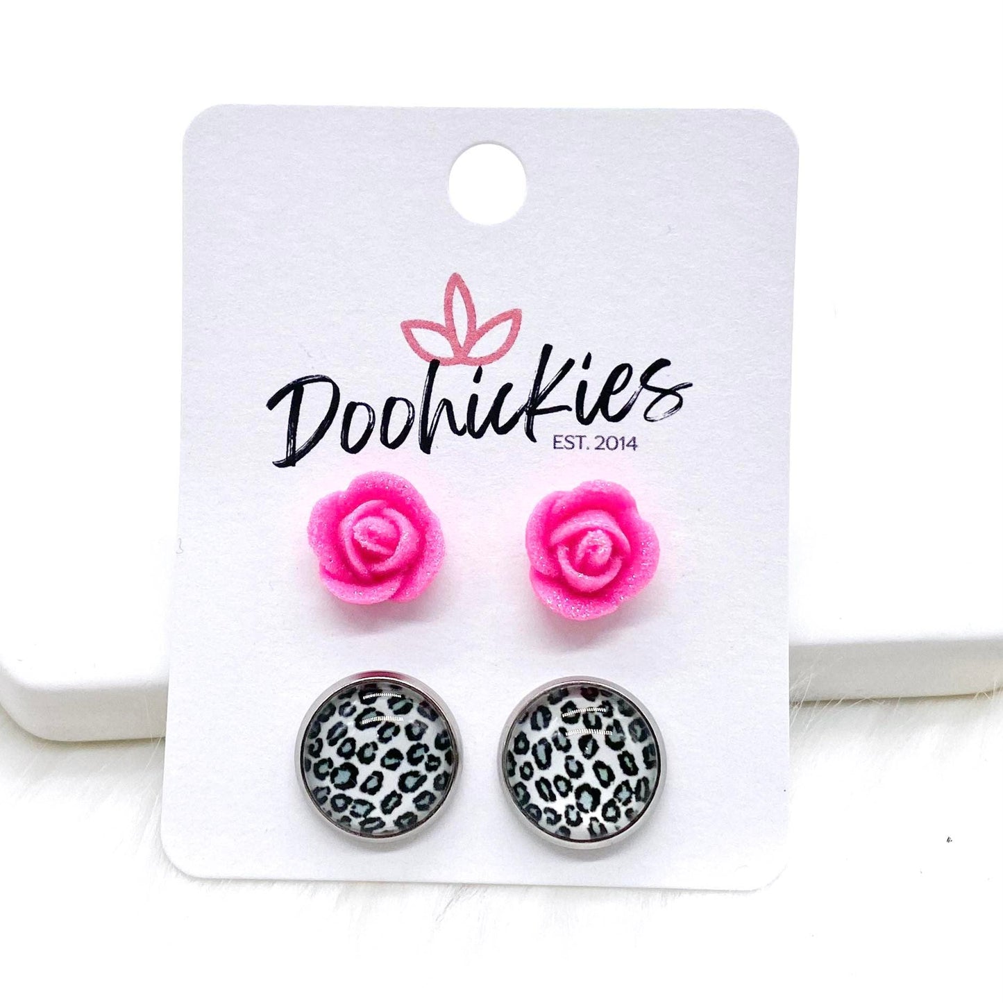 Tiny Hot Pink Roses & 12mm Silver Leopard in Stainless Steel Settings -Earrings by Doohickies Wholesale