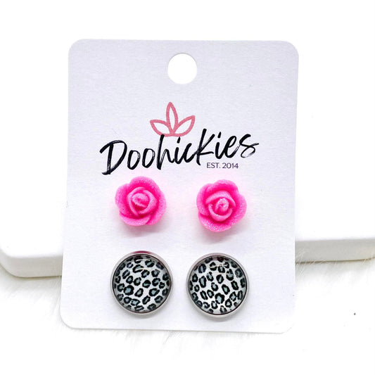 Tiny Hot Pink Roses & 12mm Silver Leopard in Stainless Steel Settings -Earrings by Doohickies Wholesale