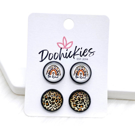 12mm Leopard Rainbow Be Kind & Golden Leopard in Black Settings -Earrings by Doohickies Wholesale