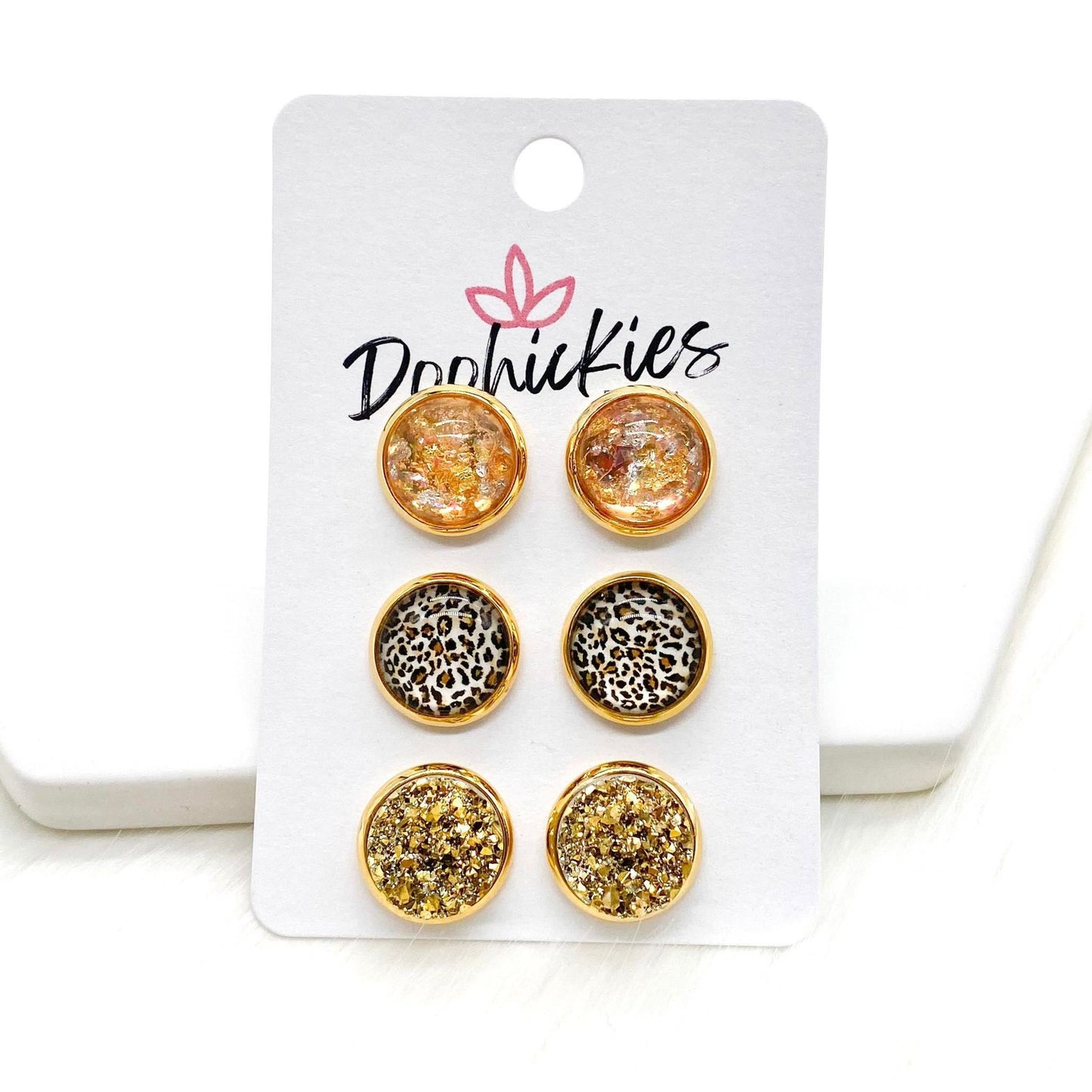 12mm Silver & Gold Fleck/Tan Leopard/Gold in Gold Settings -Earrings by Doohickies Wholesale