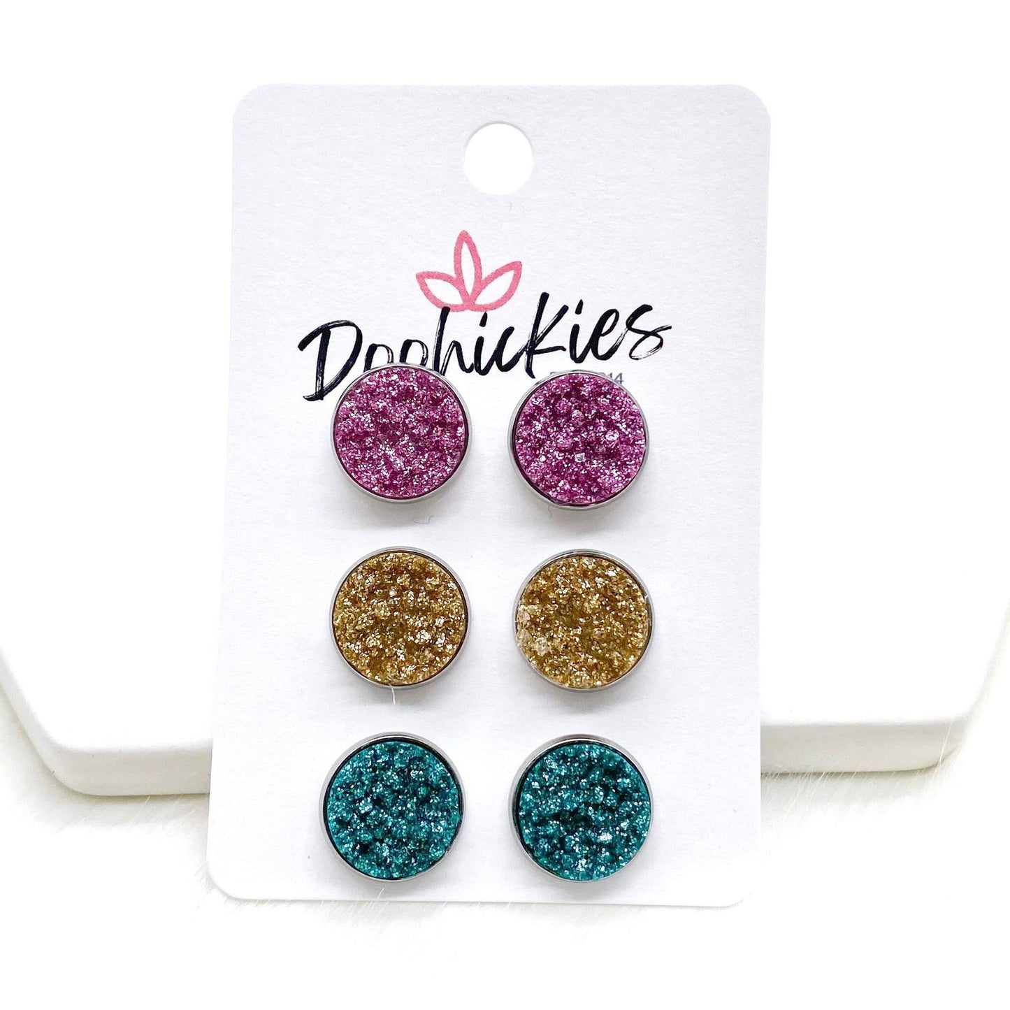 12mm Lilac/Champagne/Teal Glitter in Stainless Steel Settings -Earrings by Doohickies Wholesale