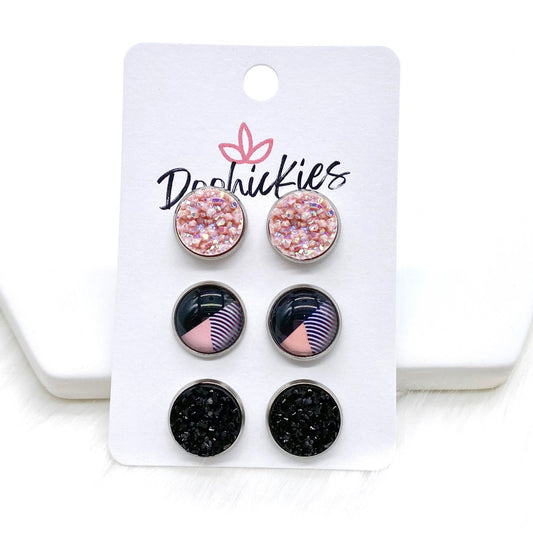 12mm Blush Shimmer/Blush Abstract/Black in Stainless Steel Settings -Earrings by Doohickies Wholesale