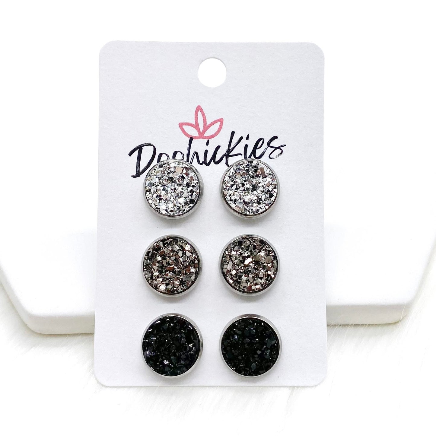 12mm Silver/Gunmetal/Black in Stainless Steel Settings -Earrings by Doohickies Wholesale