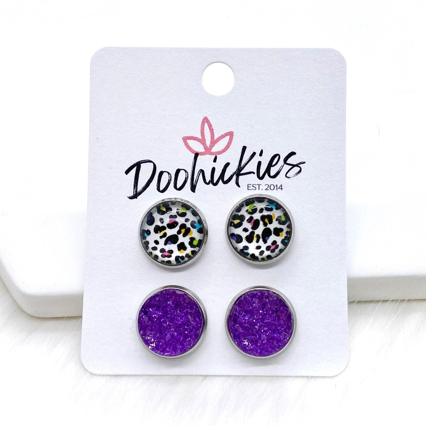 12mm 80's Leopard & Purple Sparkles in Stainless Steel Settings -Earrings by Doohickies Wholesale