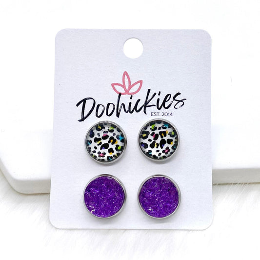 12mm 80's Leopard & Purple Sparkles in Stainless Steel Settings -Earrings by Doohickies Wholesale