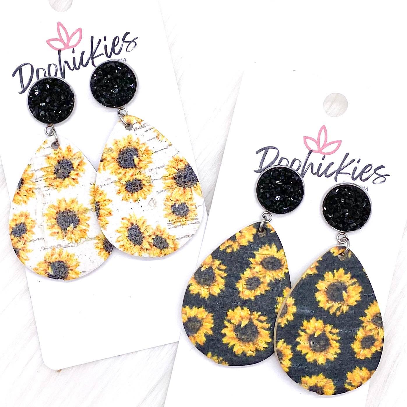 2" Black & Sunflower Dangle Corkeis -Summer Earrings by Doohickies Wholesale