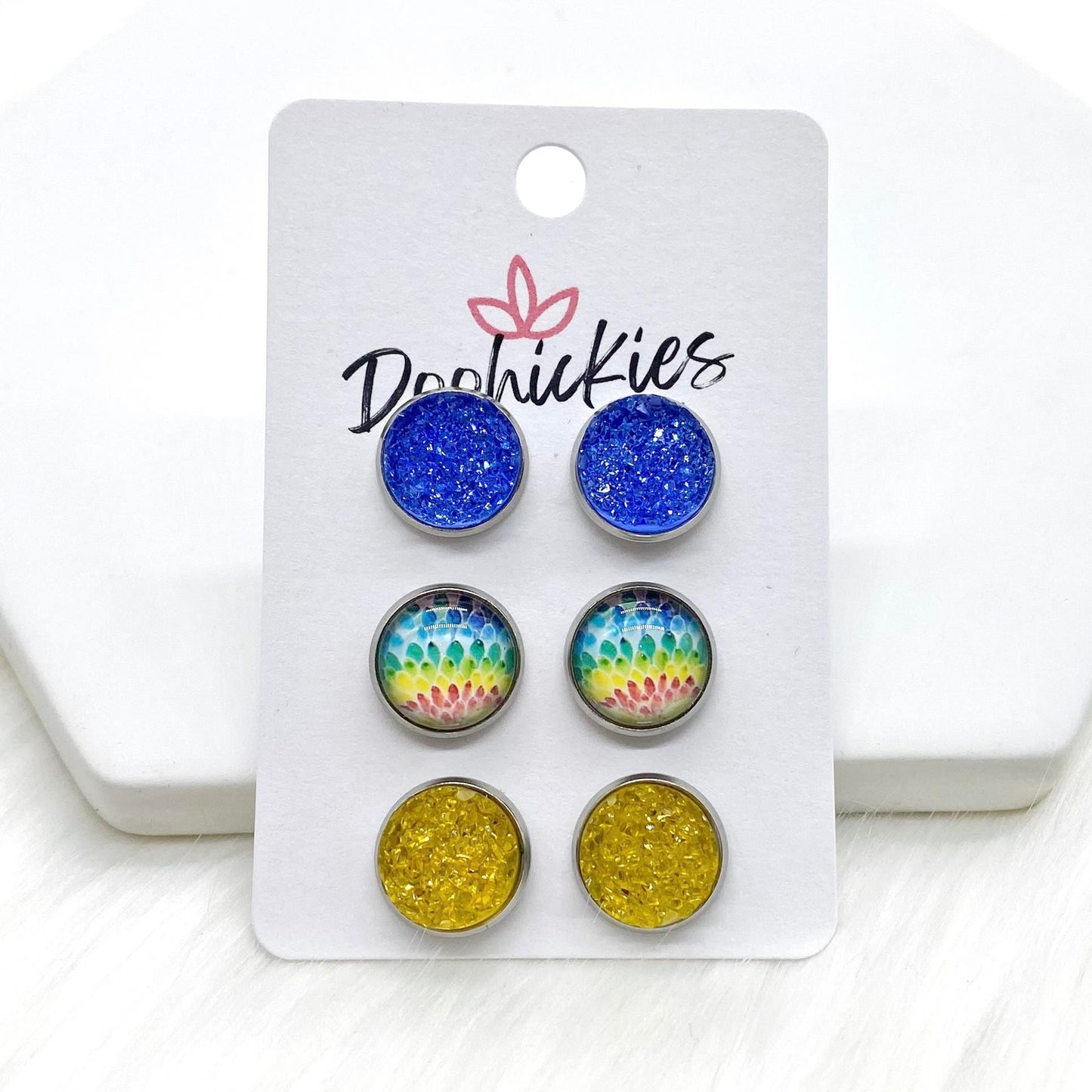 12mm Blue Sparkles/Starburst/Yellow Sparkles in Stainless Steel Settings -Earrings by Doohickies Wholesale