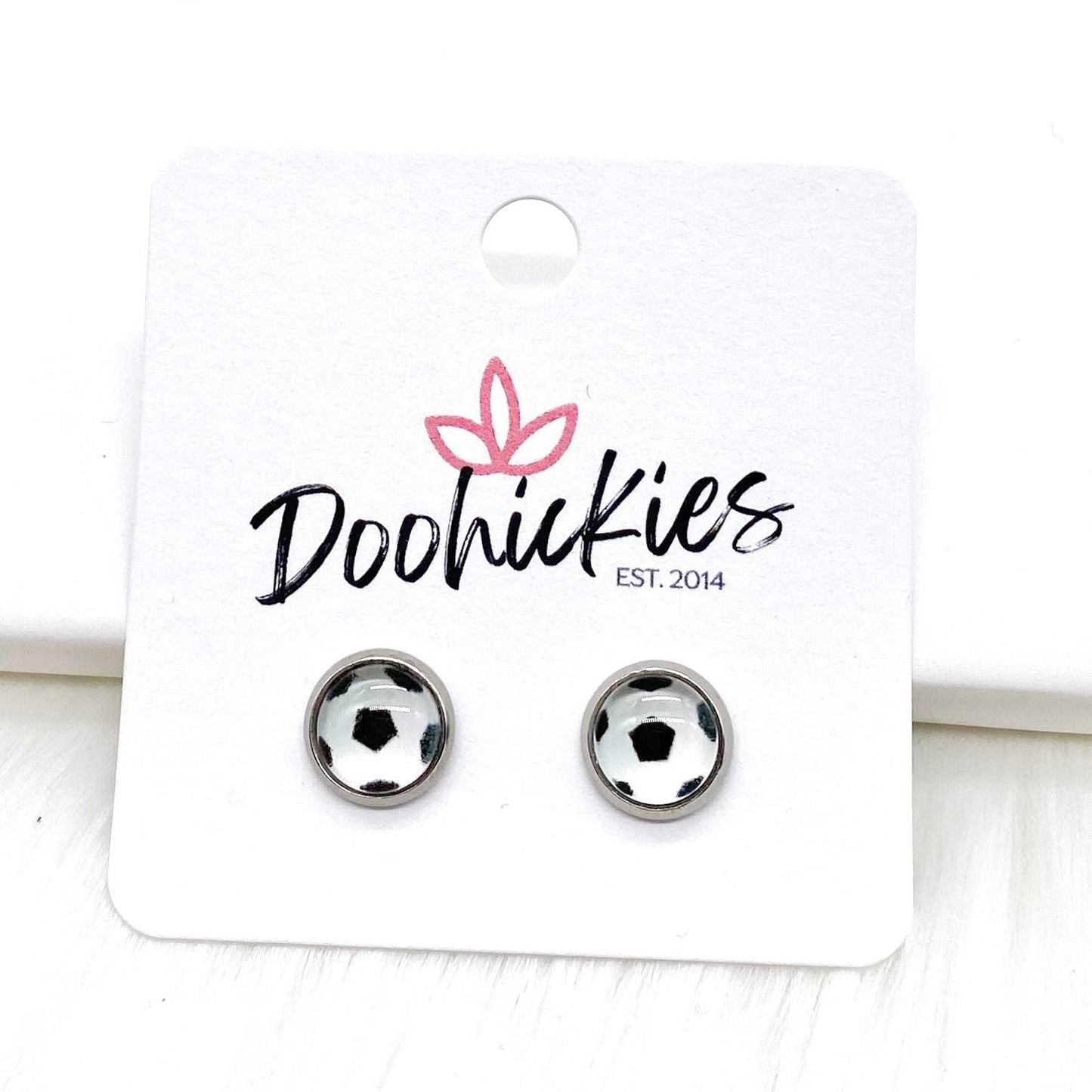 New Soccer Balls in Stainless Steel Settings -Sports Earrings by Doohickies Wholesale