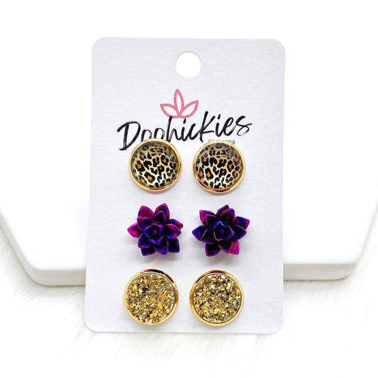 12mm Golden Leopard/Magenta Succulents/Gold in Gold Settings -Earrings by Doohickies Wholesale