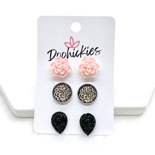 12mm Pink Succulents/Tan Leopard/Black Teardrops in Stainless Steel Settings -Earrings by Doohickies Wholesale