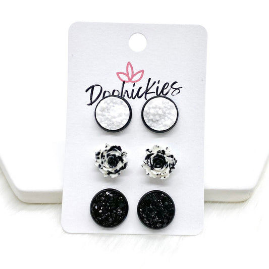 12mm White/Black & White Roses/Black in Black Settings -Earrings by Doohickies Wholesale