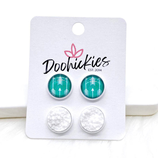 12mm Teal Arrows & White in White Settings -Earrings by Doohickies Wholesale