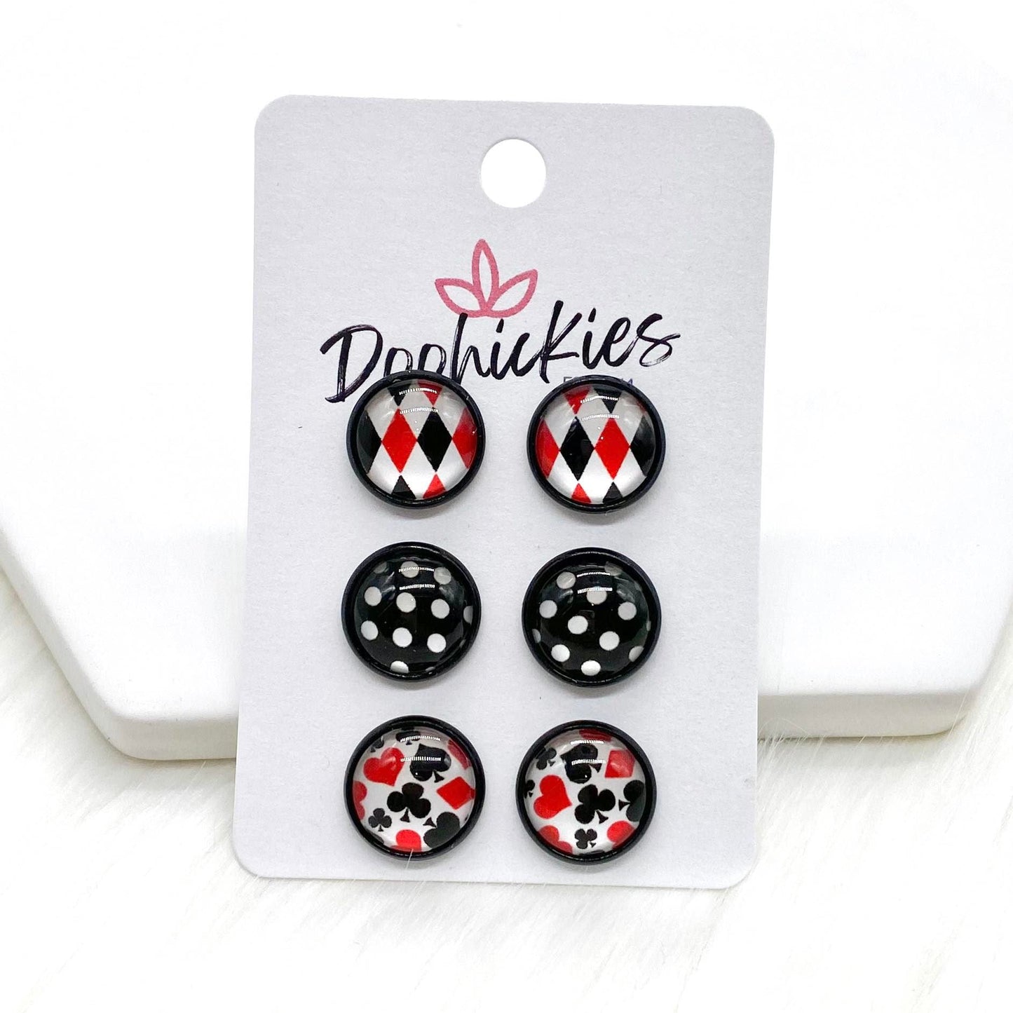 12mm Diamonds/Black Polka Dots/Playing Cards in Black Settings -Earrings by Doohickies Wholesale