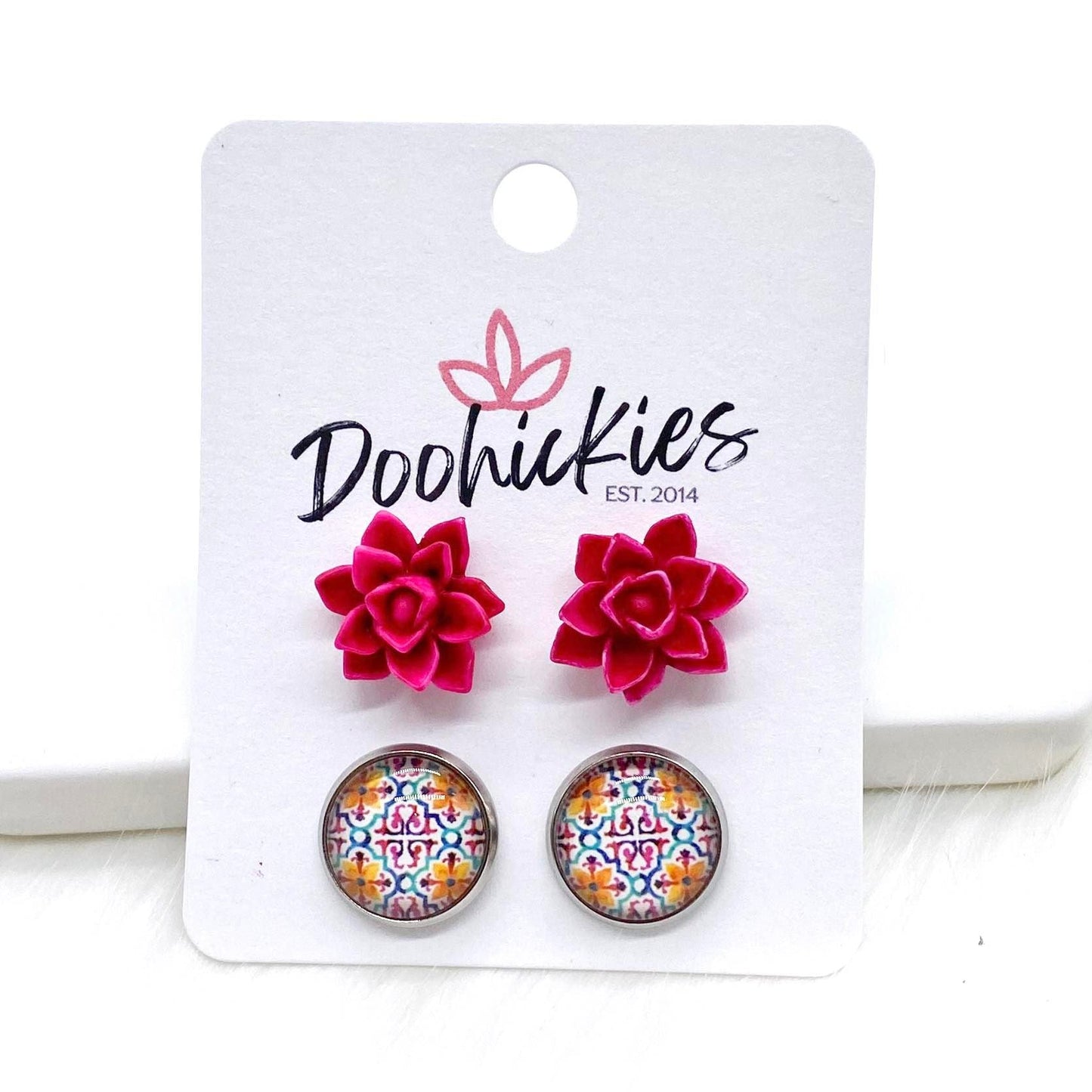 12mm Hot Pink Succulents & Abstract Scrolls in Stainless Steel Settings -Earrings by Doohickies Wholesale