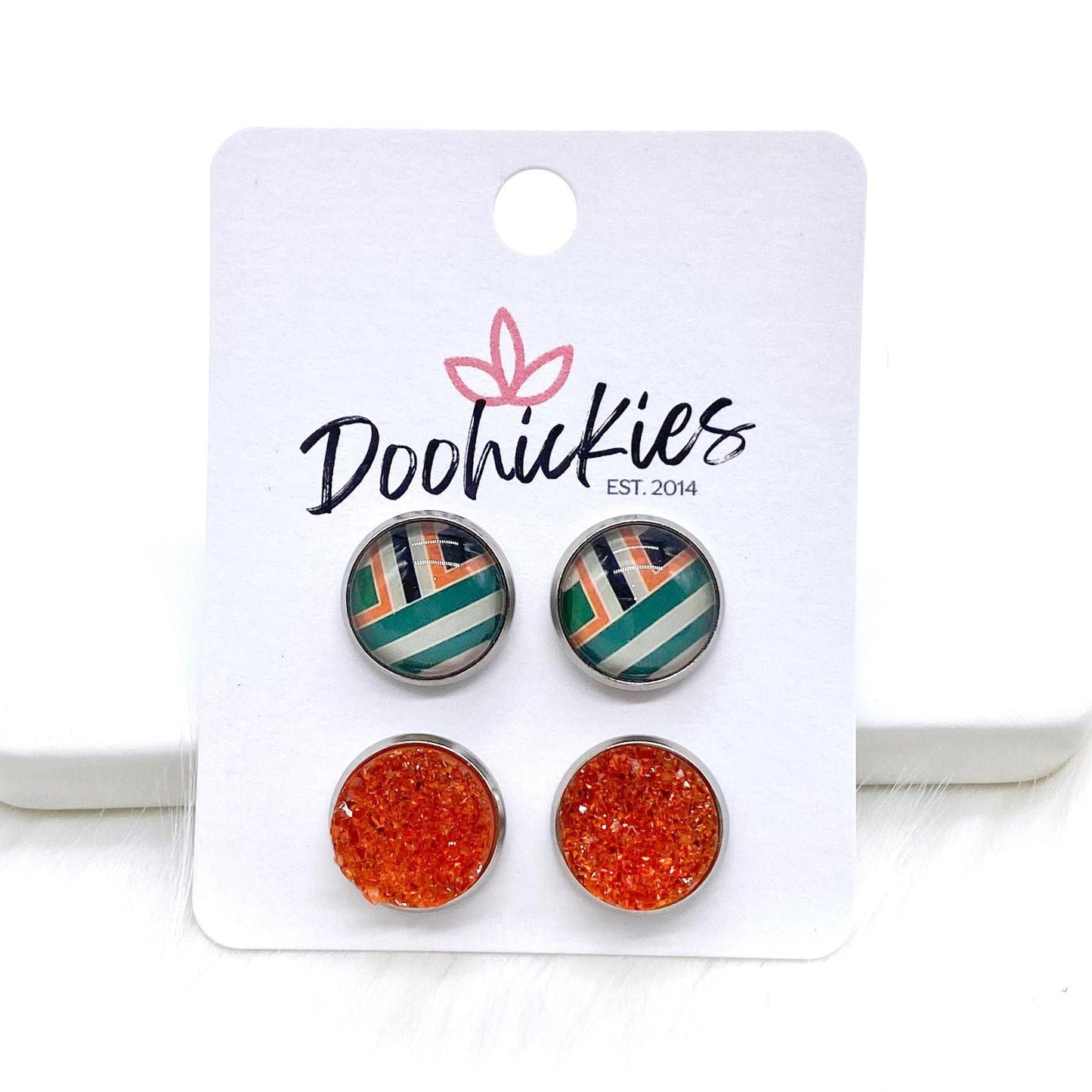 12mm Green Geometric Stripes & Orange Sparkles in Stainless Steel Settings -Earrings by Doohickies Wholesale