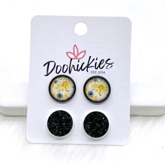 12mm Yellow/Black Flowers & Black in Black/White Settings -Earrings by Doohickies Wholesale