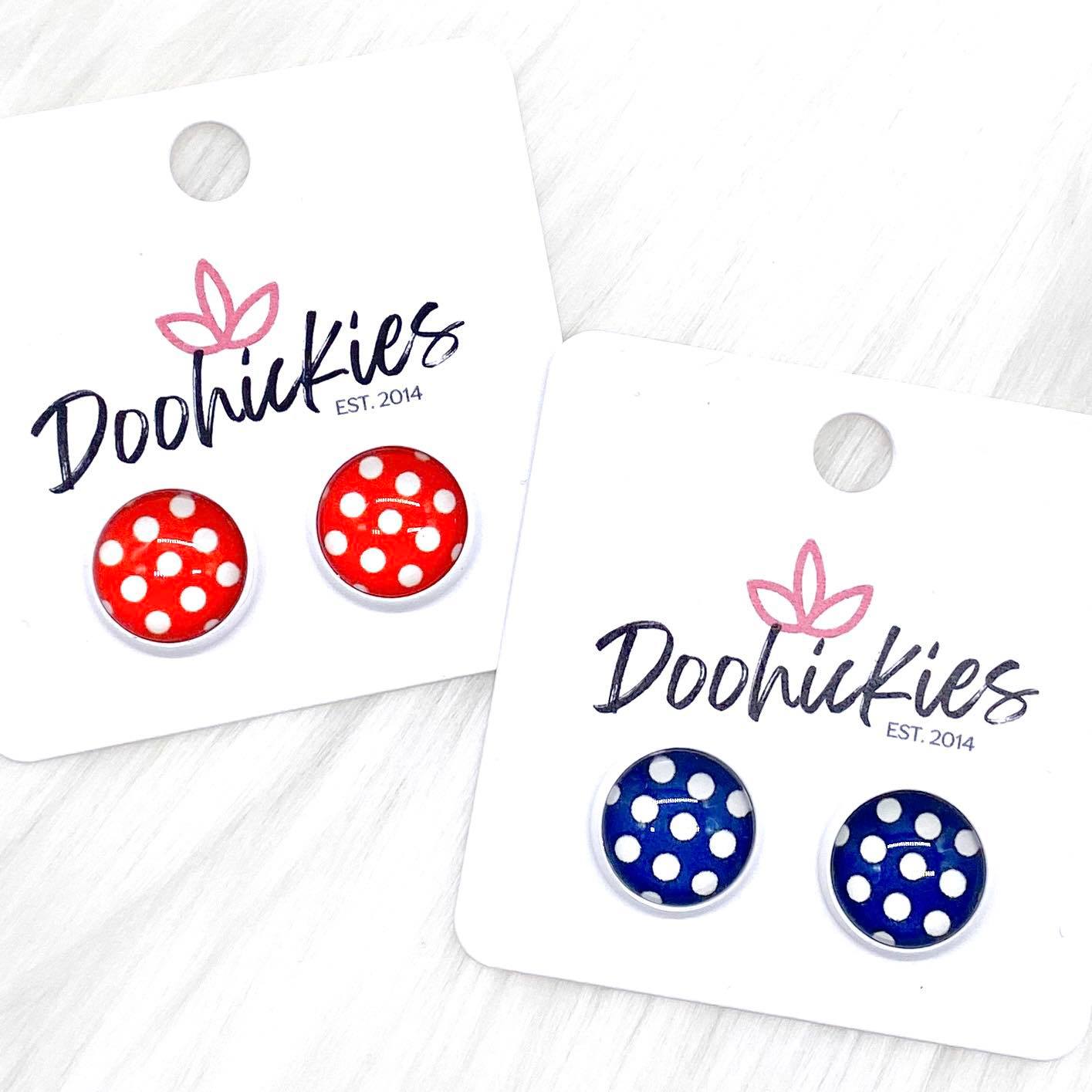 12mm Polka Dots in White Settings -Patriotic Earrings by Doohickies Wholesale