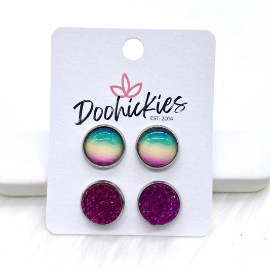 12mm Rainbow Watercolors & Magenta Sparkles in Stainless Steel Settings -Earrings by Doohickies Wholesale