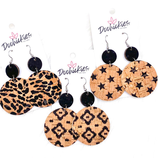 2.5" Black & Natural Piggyback Corkies -Earrings by Doohickies Wholesale