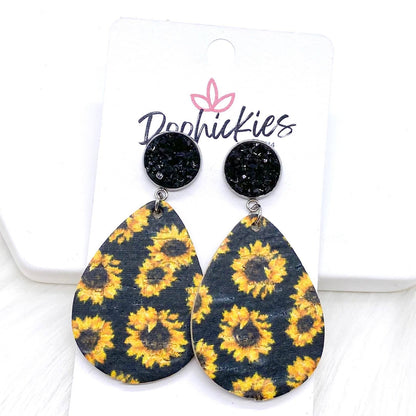 2" Black & Sunflower Dangle Corkeis -Summer Earrings by Doohickies Wholesale