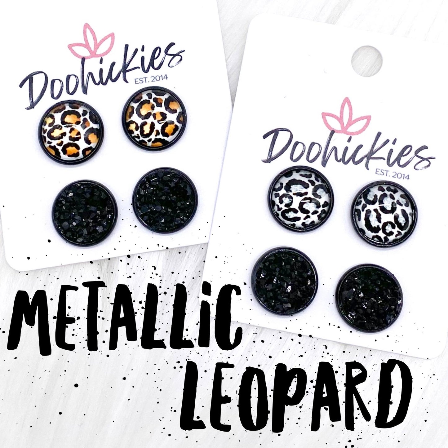 12mm Metallic Leopard Duos in Black Settings -Earrings by Doohickies Wholesale