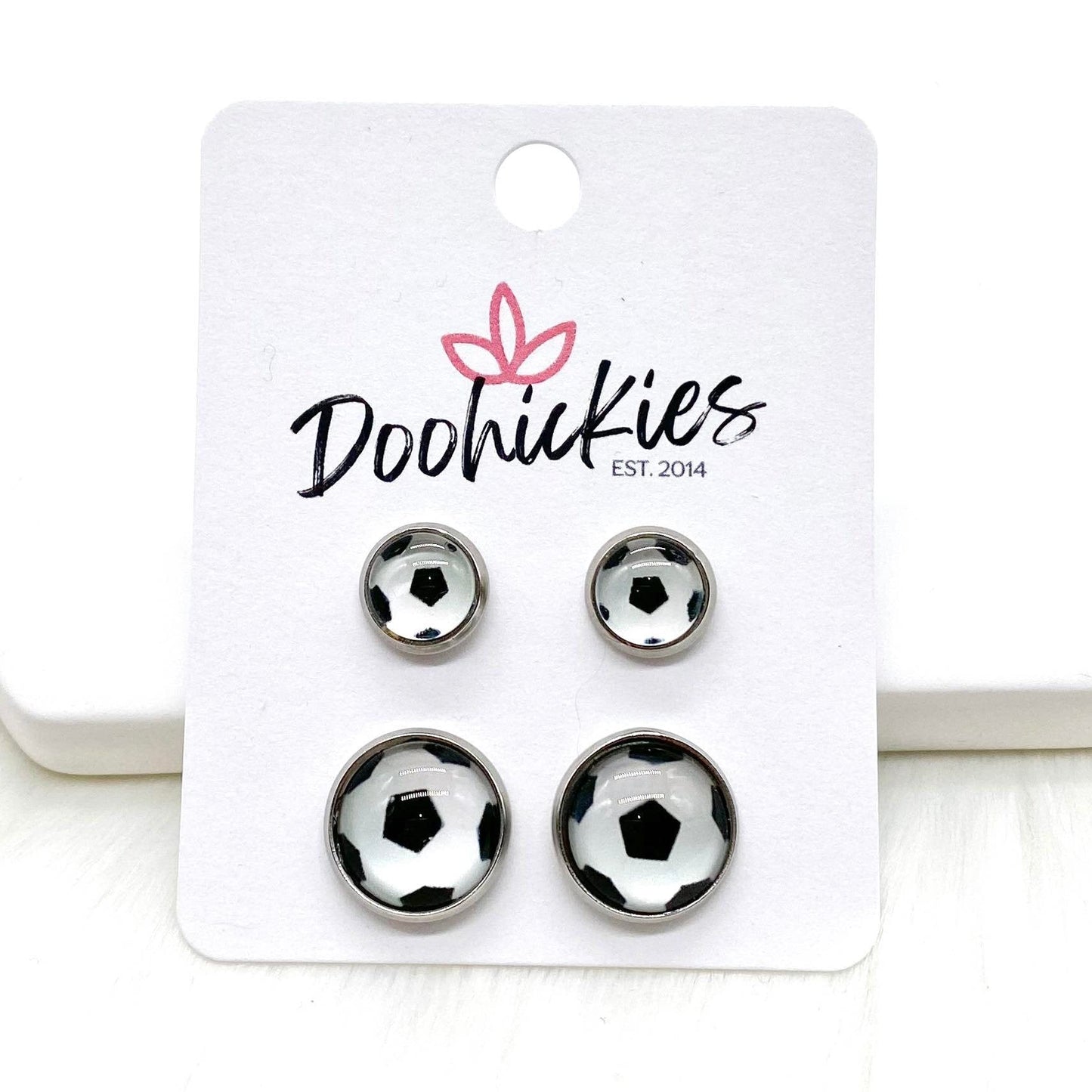 Soccer Ball Mommy & Me in Stainless Steel Settings -Sports Earrings by Doohickies Wholesale