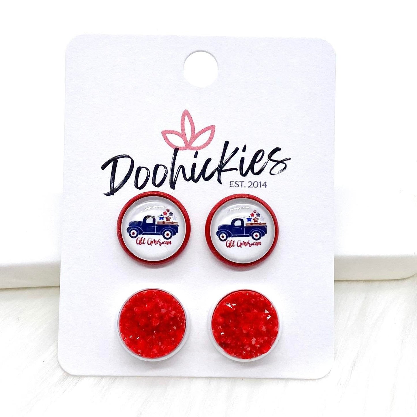 12mm All American & Red Crystals in Red/White Settings -Patriotic Earrings by Doohickies Wholesale