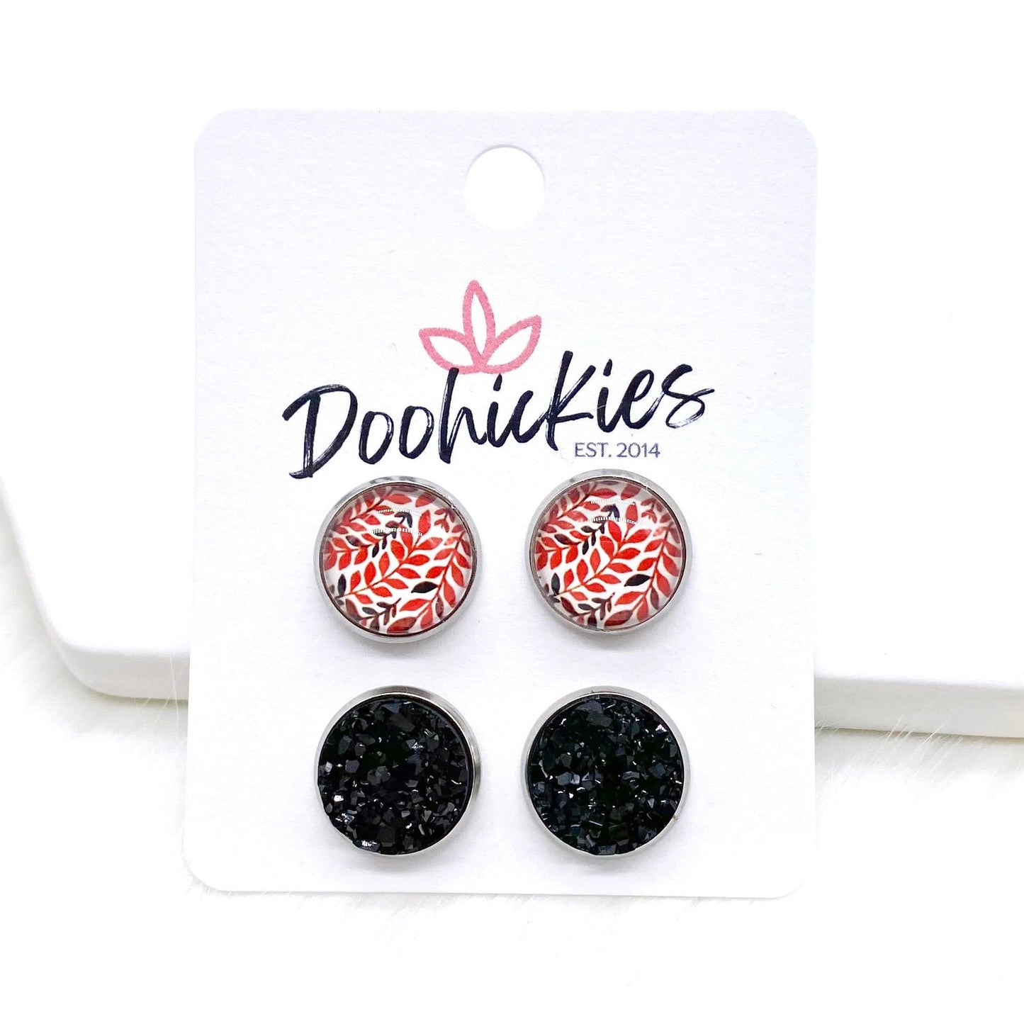 12mm Amber Vines & Black in Stainless Steel Settings - Fall Stud Earrings by Doohickies Wholesale