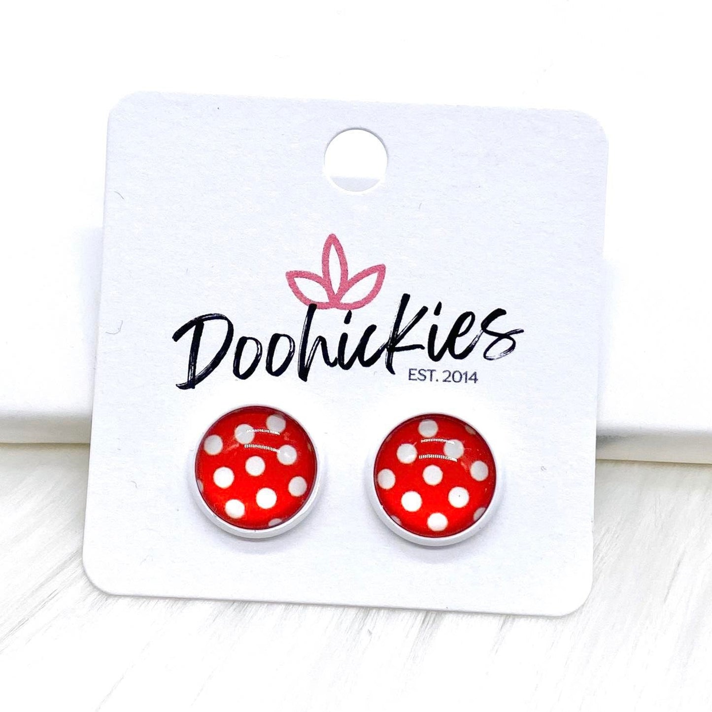 12mm Polka Dots in White Settings -Patriotic Earrings by Doohickies Wholesale