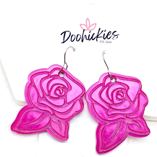 1.5" Fuchsia Engraved Rose Acrylics -Earrings by Doohickies Wholesale