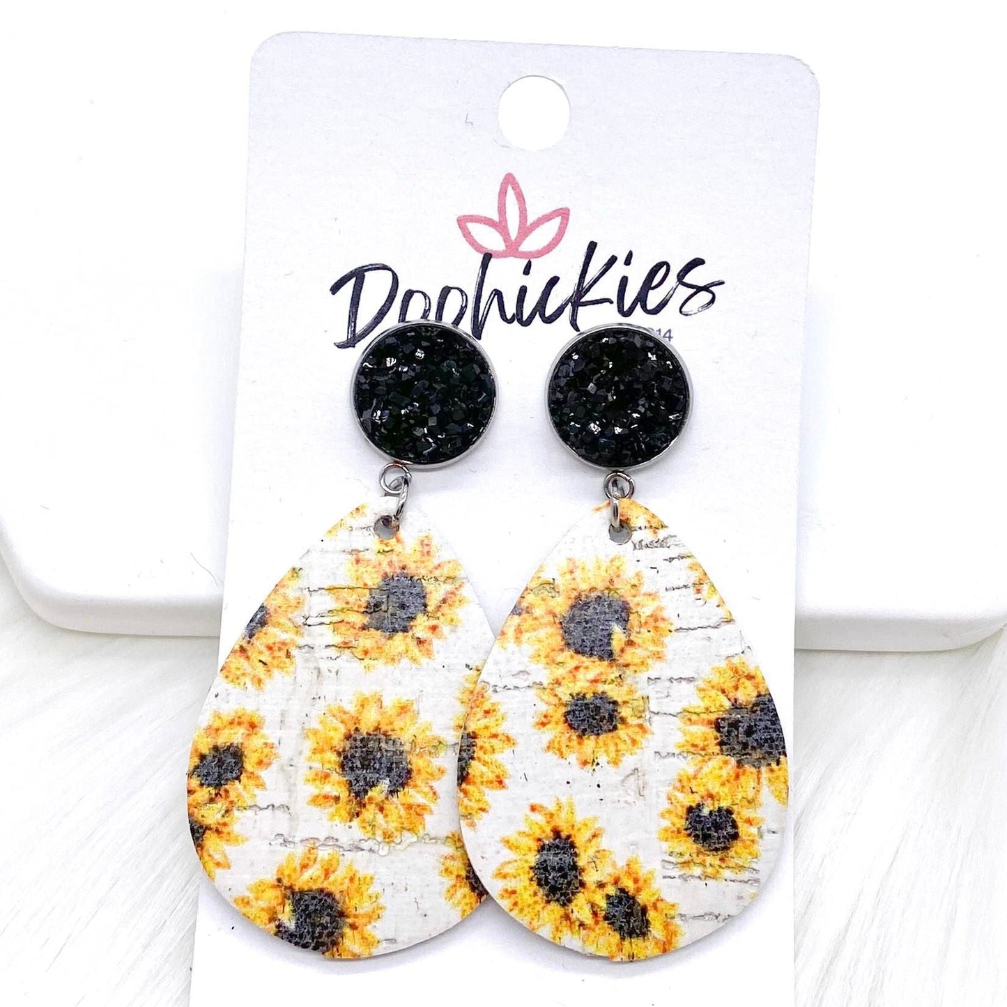 2" Black & Sunflower Dangle Corkeis -Summer Earrings by Doohickies Wholesale