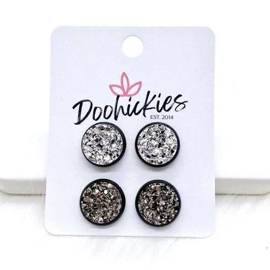 12mm Silver & Gunmetal in Black Settings -Earrings by Doohickies Wholesale