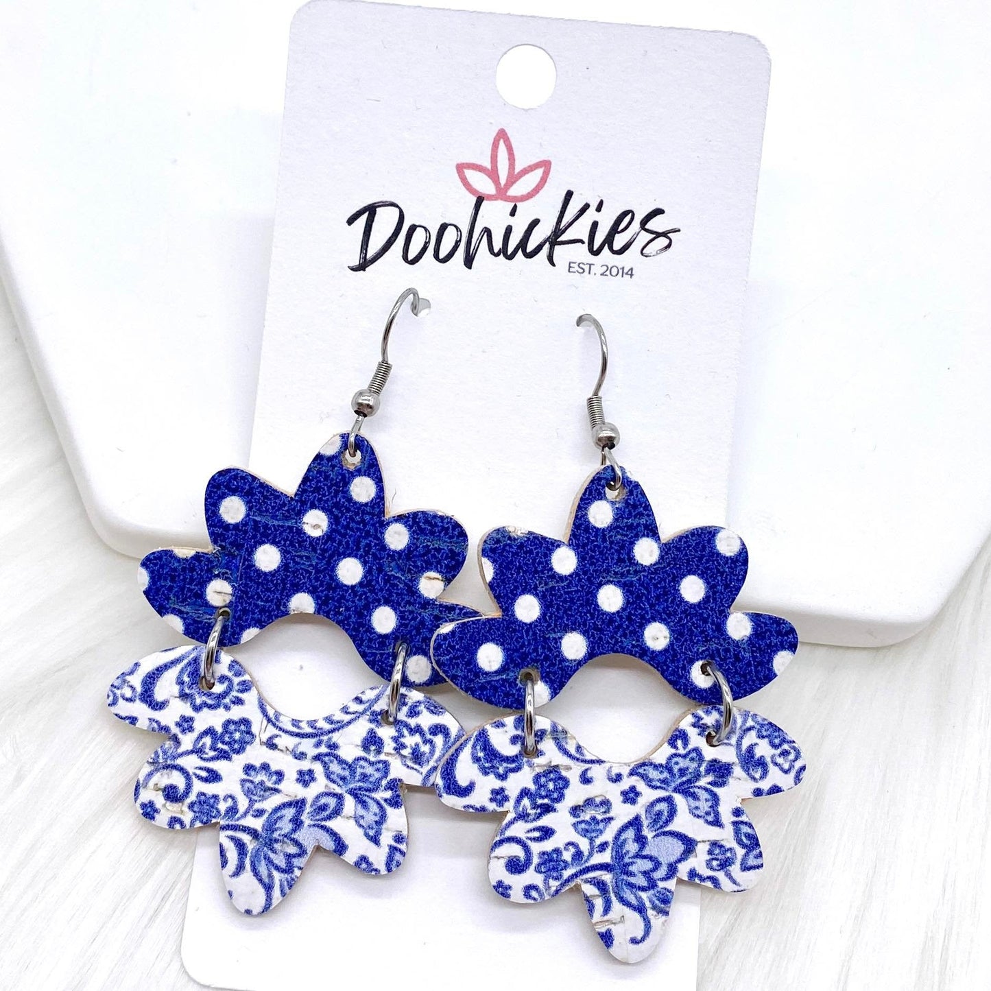 2.5" Navy Polka Dots & Vintage Blue China Blossoms -Earrings by Doohickies Wholesale