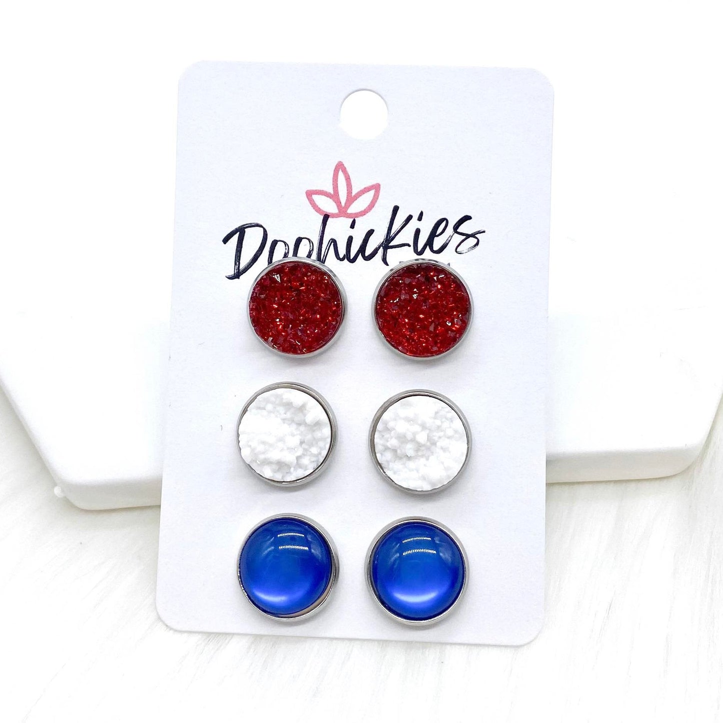 12mm Red Sparkles/White/Blue Cat Eyes in Stainless Steel Settings -Patriotic Earrings by Doohickies Wholesale