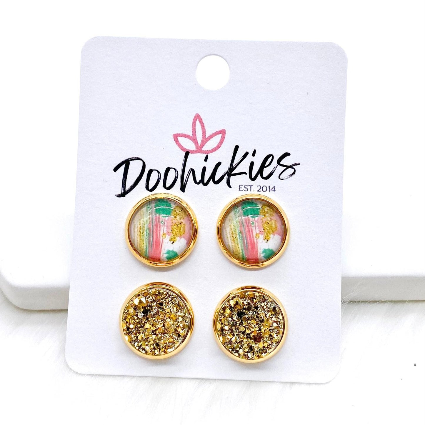 12mm Paint Splatter & Gold in Gold Settings -Earrings by Doohickies Wholesale