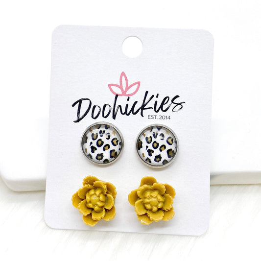 12mm Gilded Leopard & Yellow Flowers in Stainless Steel Settings -Earrings by Doohickies Wholesale