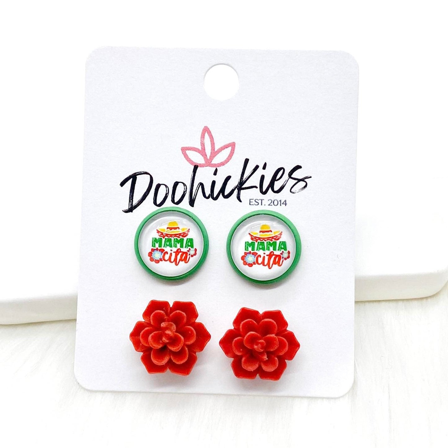 12mm Mamacita & Red Succulents in Green Settings -Earrings by Doohickies Wholesale