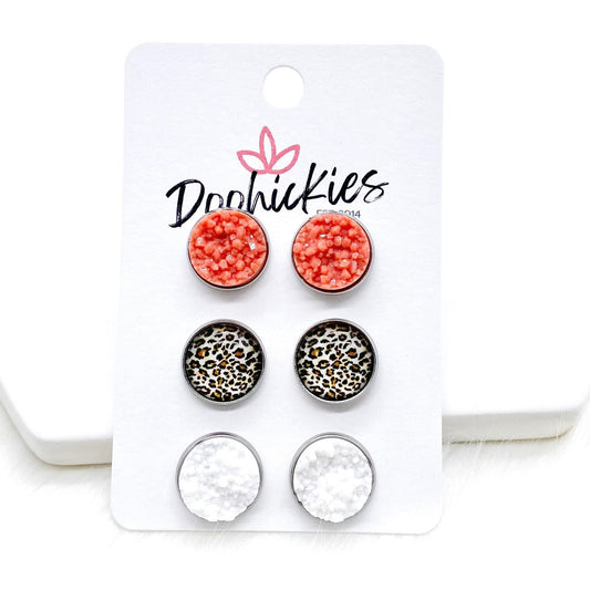 12mm Coral/Tan Leopard/White in Stainless Steel Settings -Earrings by Doohickies Wholesale