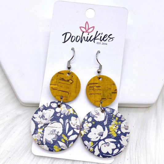 2.5" Yellow & Navy Floral Double Corkies -Earrings by Doohickies Wholesale
