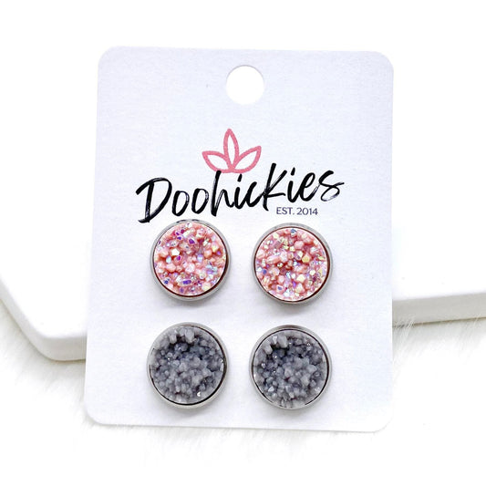 12mm Blush & Grey Shimmer in Stainless Steel Settings -Earrings by Doohickies Wholesale