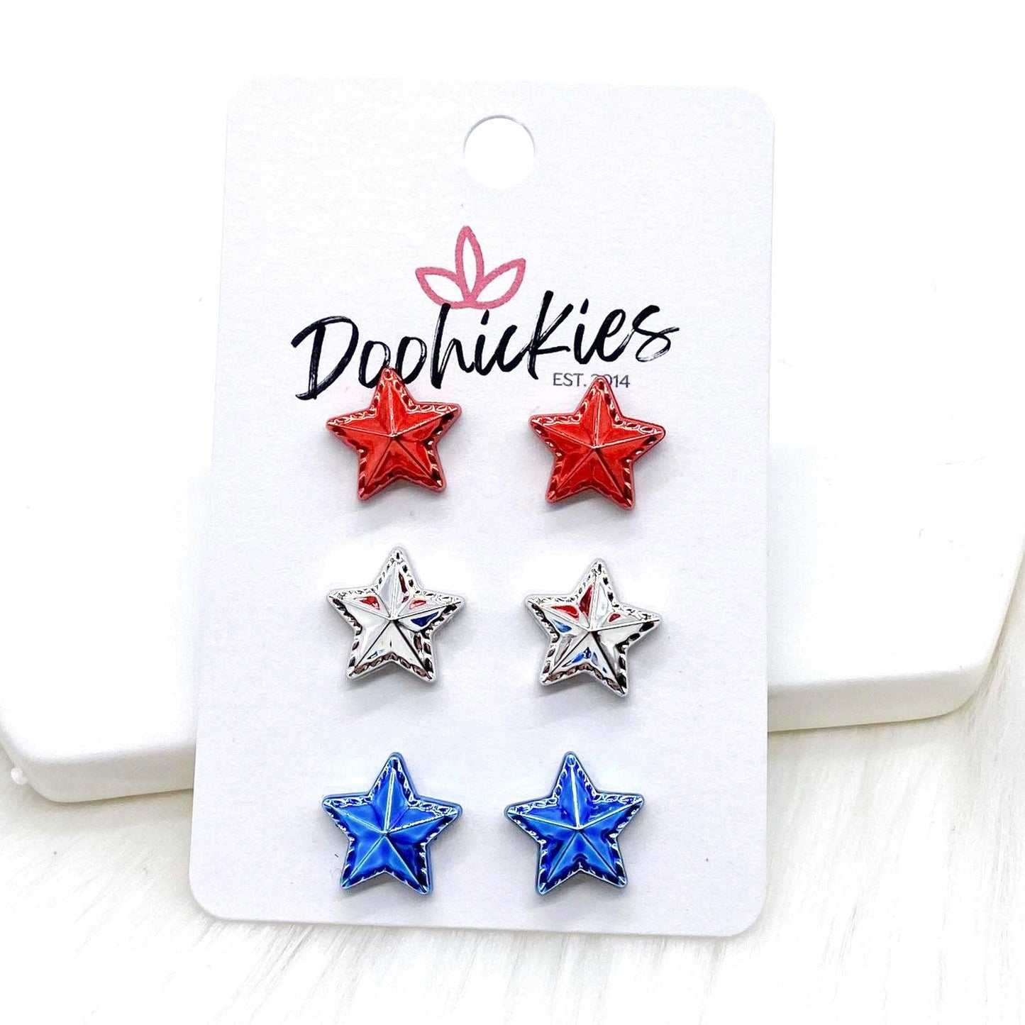 12mm Red/Silver/Blue Stars -Patriotic Earrings by Doohickies Wholesale