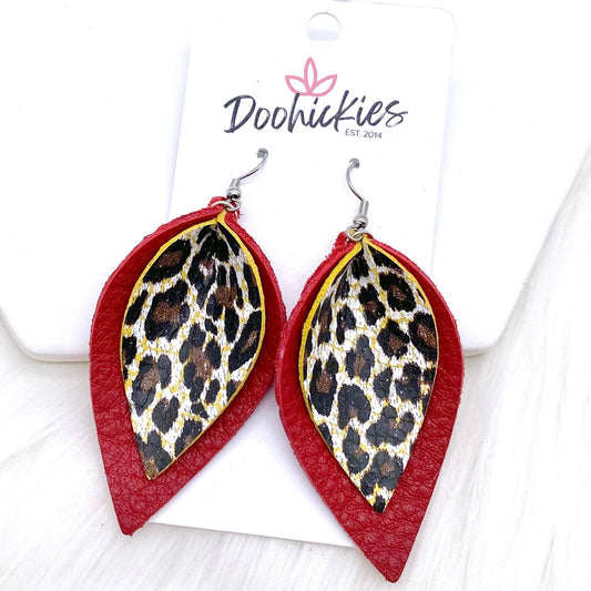 2.5" Chocolate Leopard & Deep Red Layered Petals -Earrings by Doohickies Wholesale