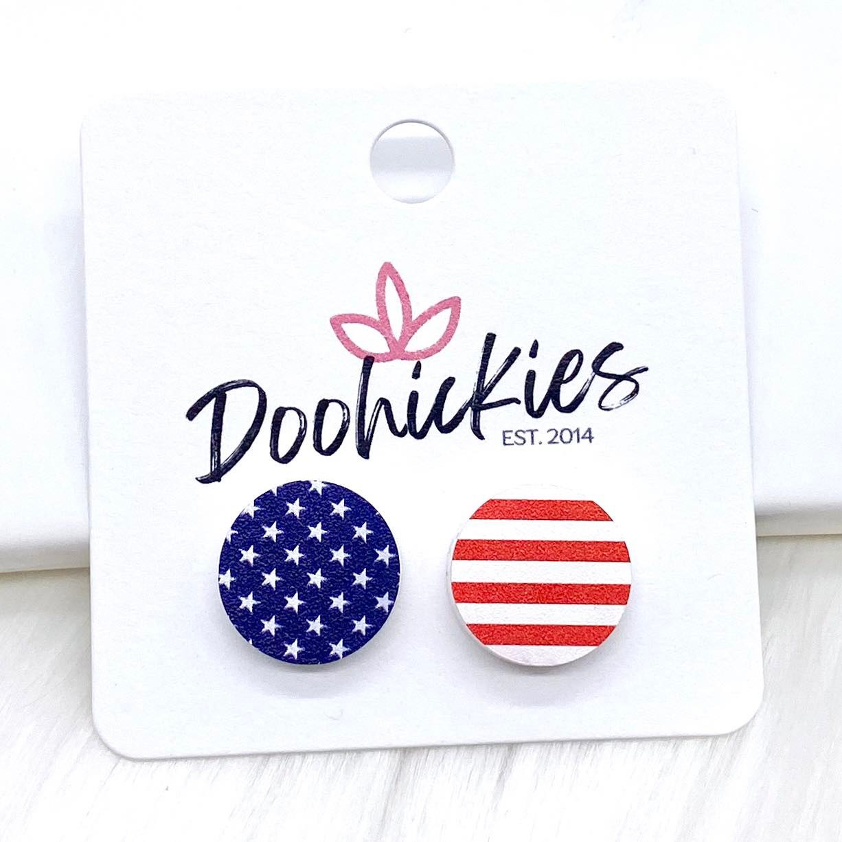 14mm Stars & Stripes Button Acrylic Studs -Patriotic Earrings by Doohickies Wholesale