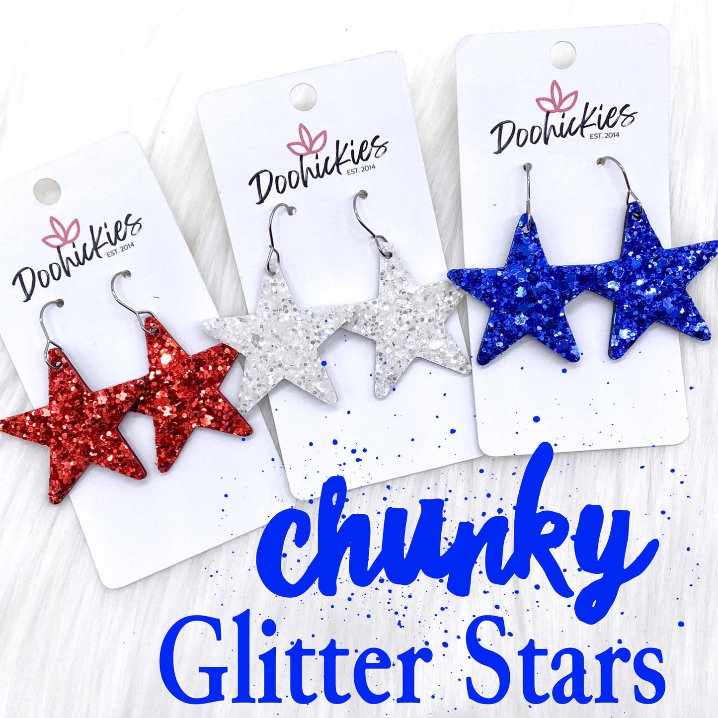 1.5" Chunky USA Glitter Stars -Patriotic Earrings by Doohickies Wholesale